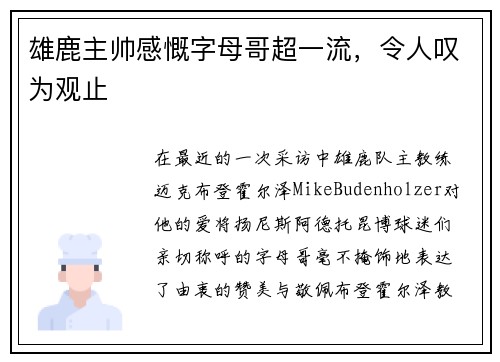 雄鹿主帅感慨字母哥超一流，令人叹为观止