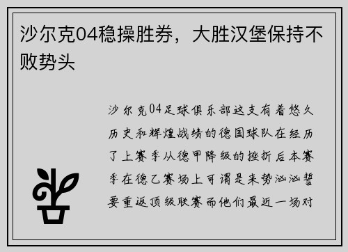 沙尔克04稳操胜券，大胜汉堡保持不败势头